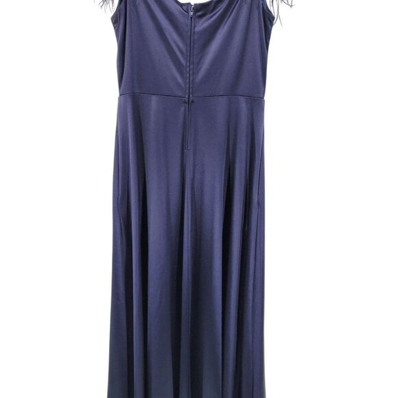 City Vibe Satin Navy Blue Feather-Shoulder Formal Gown Sz 9 Front Slit Prom Gala - Picture 9 of 12